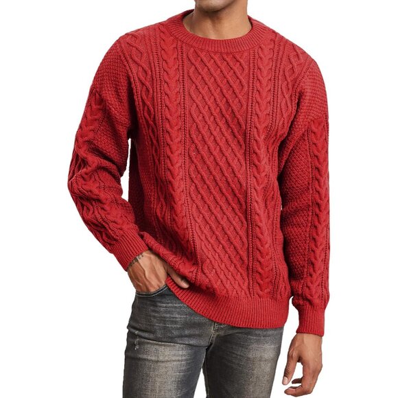 Men's Knit Sweater Crewneck Twist Patterned Textured Long Sleeve Sweater - Picture 1 of 6